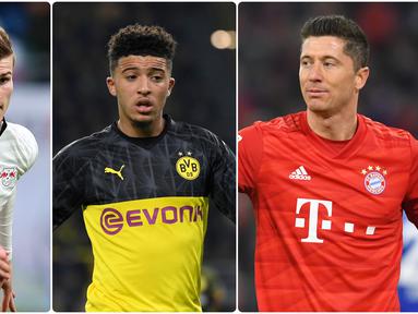 Persaingan memperebutkan gelar pencetak gol terbanyak atau top skor di kompetisi Bundesliga sangat ketat. Berikut daftar top skor sementara kompetisi Bundesliga 2019/2020. (kolase foto AFP)