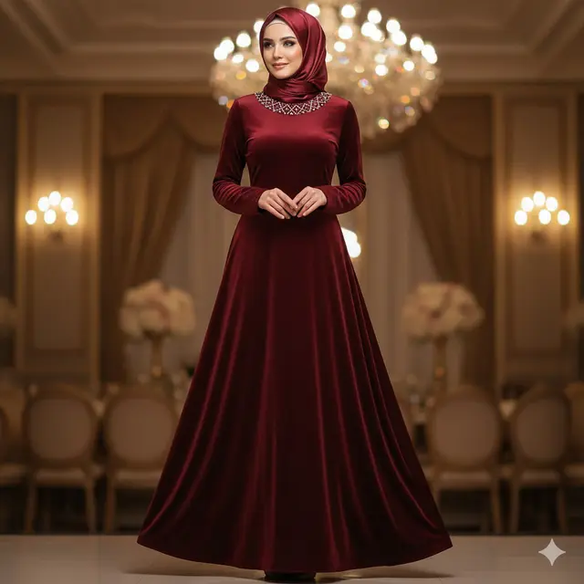 Model A-Line dengan Payet Garis Leher (Gemini AI)