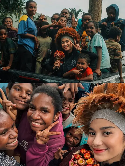 Pakai topi khas Papua dari bulu ayam, Azizah Salsha curi perhatian. Peluk salah satu anak Papua, momen kebersamaan ini penuh kehangatan. Azizah tampak bahagia dan menikmati setiap momen bareng masyarakat Papua. Tak hanya Azizah Salsha, masyarakat Papua khususnya anak-anak juga bahagia bertemu dengan Azizah. Kedatangan Azizah Salsha disambut dengan hangat oleh masyarakat Papua. (Liputan6.com/IG/@azizahsalsha_)