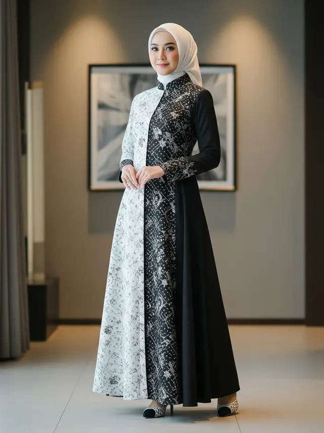 Model Gamis Kombinasi Hitam Putih Model Kerah Shanghai Modern