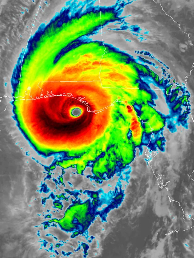 Citra satelit inframerah dari NOAA menunjukkan Hurricane Michael mendekati daratan Amerika Serikat, Rabu (10/10). Hantaman Badai Michael disebut sebagai salah satu yang paling dahsyat melanda wilayah barat laut negara bagian Florida, AS. (NOAA via AP)