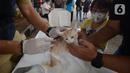 Petugas menyuntikkan vaksin rabies pada seekor kucing peliharaan warga di kelurahan Bukit Duri, Jakarta, Selasa (24/8/2021). Dinas Ketahanan Pangan, Kelautan, dan Pertanian (KPKP) memberikan vaksinasi rabies bagi hewan peliharaan warga untuk mengantisipasi penyakit rabies. (merdeka.com/Imam Buhori)