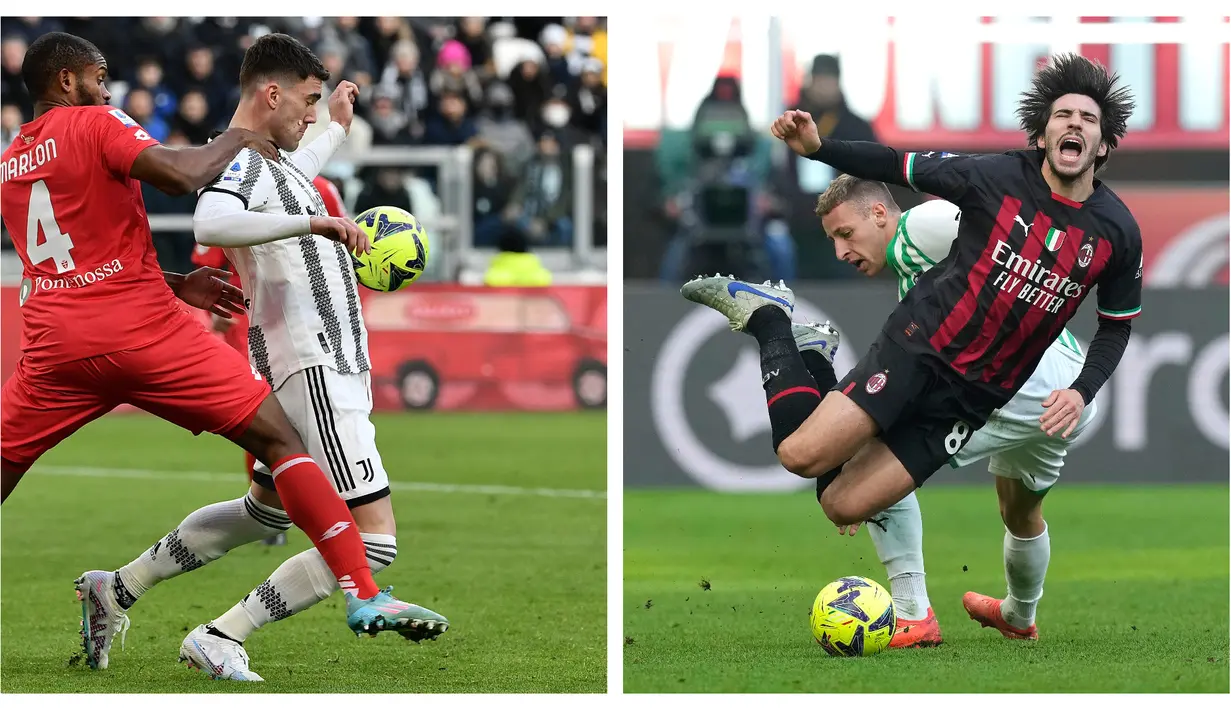 Nasib sial dialami dua raksasa Serie A Liga Italia, AC Milan dan Juventus di pekan Ke-20 2022/2023 yang berlangsung hari Minggu (29/1/2023). (Foto: AFP/Isabella Bonotto, AP Photo/Antonio Calanni)