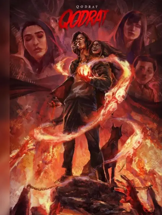 Poster fan-art berikutnya datang dari M. Rifky Haikal yang menampilkan visual ustaz Qodrat membawa bola api di tangan kiri sementara punggungnya menggendong perempuan berambut panjang dengan mata menyala. Yang ini pun banjir pujian. “Paling keren ini, dari sisi art, design, colour, karakter. Paling josh ini,” @deva**** berkomentar. “So great!” cetus @pyan****. . (Foto: Dok. Instagram @vinogbastian__)