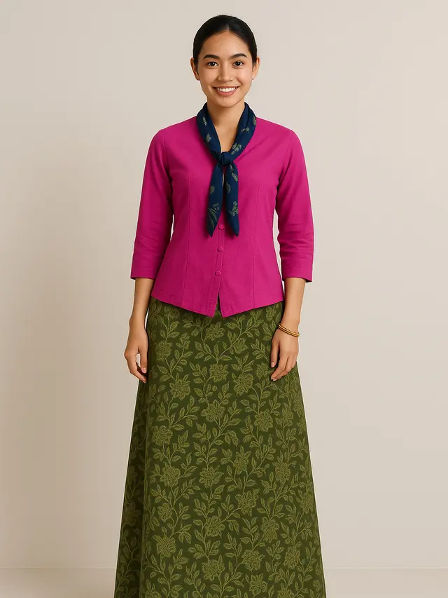 Setelan Kebaya Pink dan Rok Batik Hijau