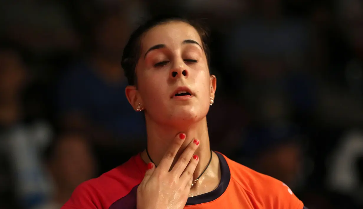 Carolina Marin, juara dunia tunggal putri 2014 hadir di Kejuaraan Dunia Bulutangkis 2015 di Istora Gelora Bung Karno, Jakarta. (Bola.com/Arief Bagus)