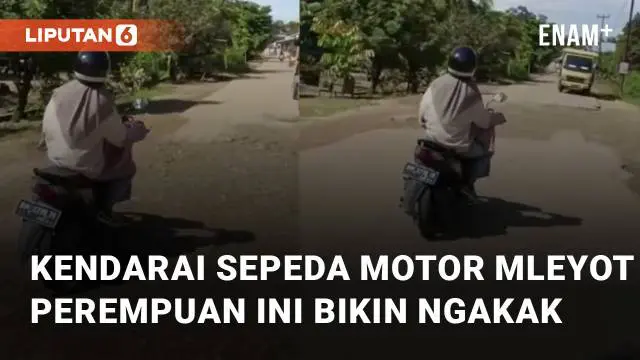 Aksi seorang perempuan kendarai sepeda motor mleyot menarik perhatian