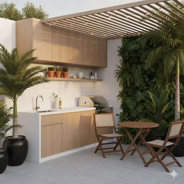 Desain Dapur Sekaligus Ruang Santai Outdoor di Rumah Tropis Sempit. Gemini