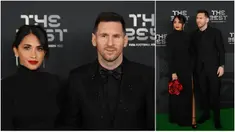 Foto kolase pemain Paris Saint-Germain asal Argentina, Lionel Messi dan istrinya Antonela Roccuzzo saat menghadiri acara The Best FIFA Football Awards 2022 di Paris, Prancis, 27 Februari 2023. (FRANCK FIFE/AFP)