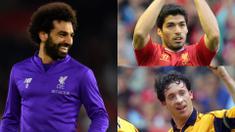 Torehan satu gol Mohammed Salah ke gawang Southampoton membuat bintang Measir tersebut menjadi pemain tercepat mencetak 50 gol sejak berseragam Liverpool. Mantan pemain Chelsea tersebut mengungguli nama separti Robbie Fowler dan Luis Suarez. (Kolase Foto AFP).