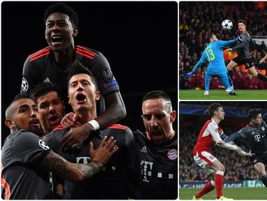 Bayern Muenchen pernah menghajar Arsenal dengan skor telak 10-2 saat berlaga di babak 16 besar Liga Champions 2017. Skor 10-2 ini menjadi gol agregat terbanyak dalam sejarah babak 16 besar Liga Champions. (kolase foto AFP)