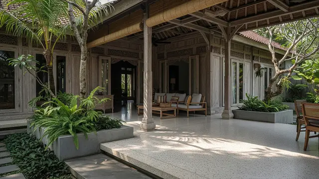 Rumah Desa dengan Kombinasi Kayu Tua dan Lantai Teraso/Gemini AI