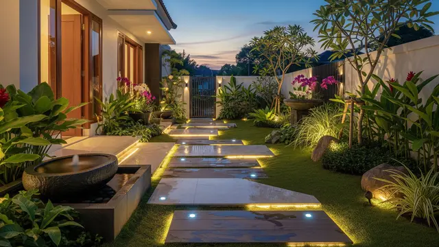 Model Taman Depan Rumah dengan Lampu Sorot Estetik dan Anti Ular/ Ilustrasi AI