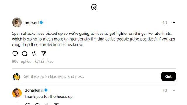 Tangkapan layar Adam Mosseri, Head of Instagram, soal rate limits di Threads (Threads @mosseri)