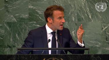 Presiden Prancis Emmanuel Macron berapi-api di Sidang Umum Majelis PBB 2022.
