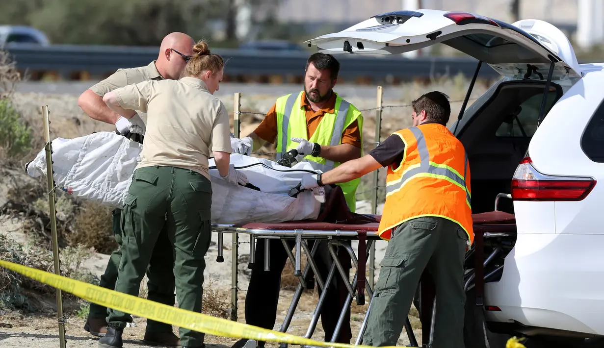Petugas mengevakuasi jasad korban kecelakaan bus pariwisata di Jalan Raya Southern California, Amerika Serikat, (23/10). Tiga belas orang tewas dan 31 orang lainnya luka-luka dalam kecelakaan maut tersebut. (REUTERS/Sam Mircovich)
