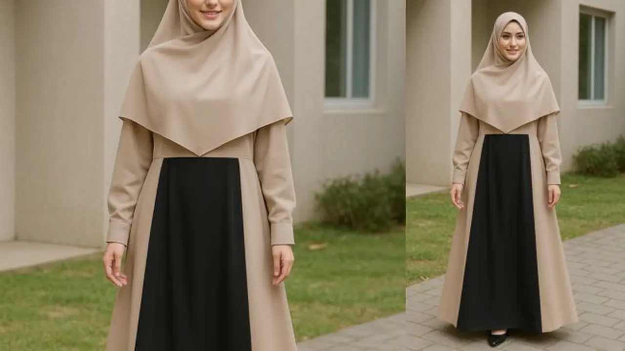 Ilustrasi Gamis A-Line dengan Khimar Layer (Sumber Gambar: ChatGPT)