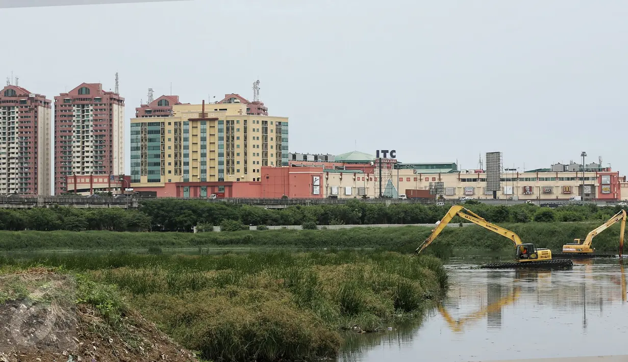 Alat berat dikerahkan untuk mengeruk endapan lumpur Waduk Pluit yang menyusut debit airnya di Jakarta, Kamis (18/2). Waduk pluit menjadi salah satu waduk pengendali banjir ibu kota. (Liputan6.com/Faizal Fanani)