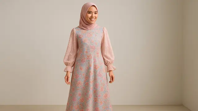 Model Long Dress Brokat Kombinasi Batik Modern Lengan Bishop/Ilustrasi Gambar AI