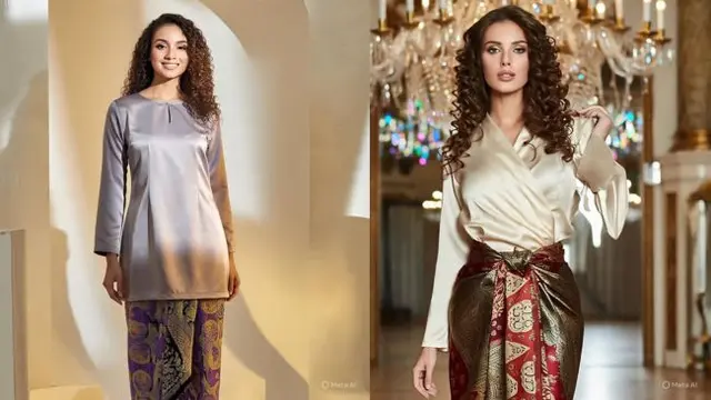 Ilustrasi Tunik Berbahan Satin dengan Rok Lilit Motif Etnik (Sumber Gambar: Meta AI)