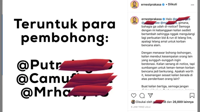 Unggahan Ernest Prakasa. (Foto: Instagram @ernestprakasa)