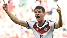 Gelandang Timnas Jerman, Thomas Mueller, menjadi pemain pertama yang mencetak hattrick di Piala Dunia 2014, (16/6/2014). (REUTERS/Dylan Martinez)