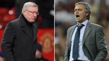 Dua manajer Manchester United, Sir Alex Ferguson (1986-2013) dan Jose Mourinho (2016-sekarang). (AFP/Paul Ellis dan Pierre-Philippe Marcou)