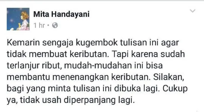 Klarifikasi Mita Handayani. Foto: Screenshoot facebook