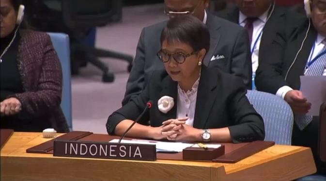 <p>Menteri Luar Negeri RI Retno Marsudi dalam pertemuan (open debate) Dewan Keamanan PBB di New York, Amerika Serikat, pada Rabu (18/01/2023). (Dok. Kemlu RI)</p>