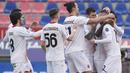 Selebrasi pemain AC Milan usai Ante Rebic berhasil menjebol gawang Bologna. (Foto: AP/LaPresse/Spada)