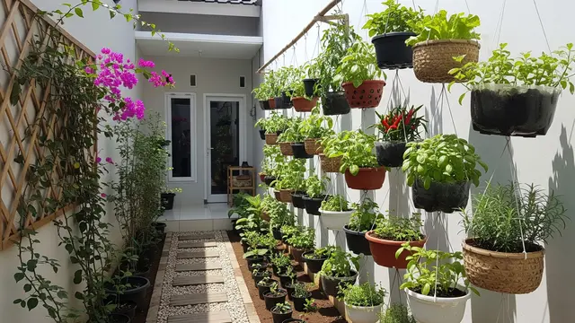 Model Desain Halaman Belakang Rumah Kecil dengan Pot Gantung Sayur dan Tanaman Rempah/ Ilustrasi AI