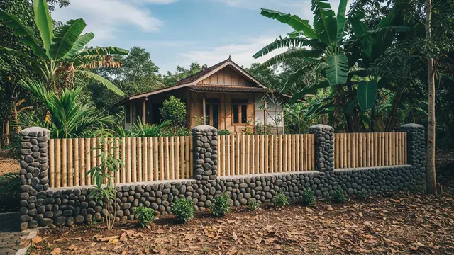 Pagar Bambu Kombinasi Batu Alam