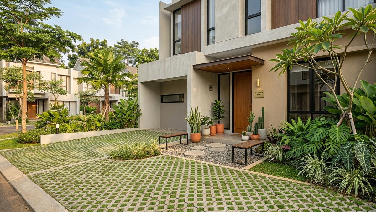 5 Inspirasi Taman Depan Rumah dengan Paving Rumput yang Bikin Hunian Lebih Asri
