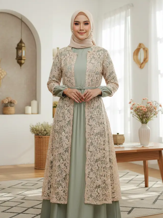 Model Gamis Rompi Terbuka Tren Busana Lebaran 2026 (Foto: Gemini AI)
