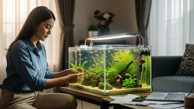 Ilustrasi Pekerja Kantoran Merawat Ikan/Gemini AI