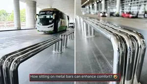 Warganet mengejek bandara Malaysia yang memperkenalkan bangku besi ala halte bus sebagai fasilitas kursi nyaman terbaru. (dok. Facebook)