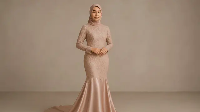 Model Gaun Pesta Muslimah Kombinasi Brokat dan Satin/Ilustrasi AI