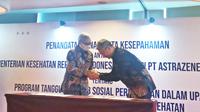 Berlangsungnya penandatanganan nota kesepahaman (MoU) antara Kemenkes RI dan PT AstraZeneca Indonesia di Jakarta Selatan, Senin (20/2).