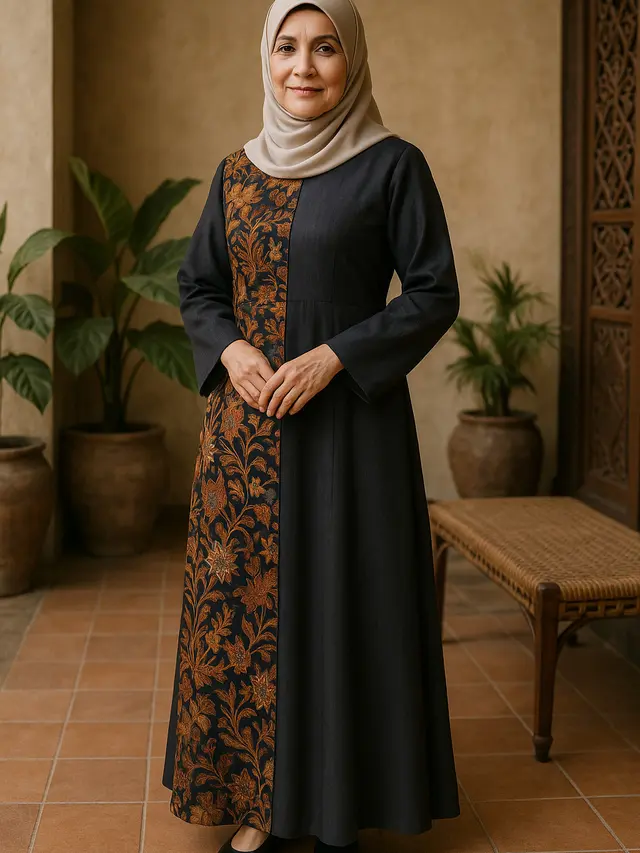 Model Gamis Batik Ibu-Ibu Umur 50 Tahun Kombinasi Kain Polos