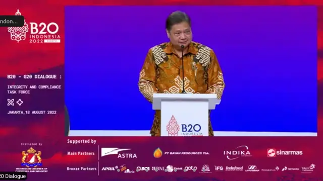 Menteri Koordinator bidang Perekonomian Airlangga Hartarto dalam Dialog B20-G20, Kamis (18/8/2022)