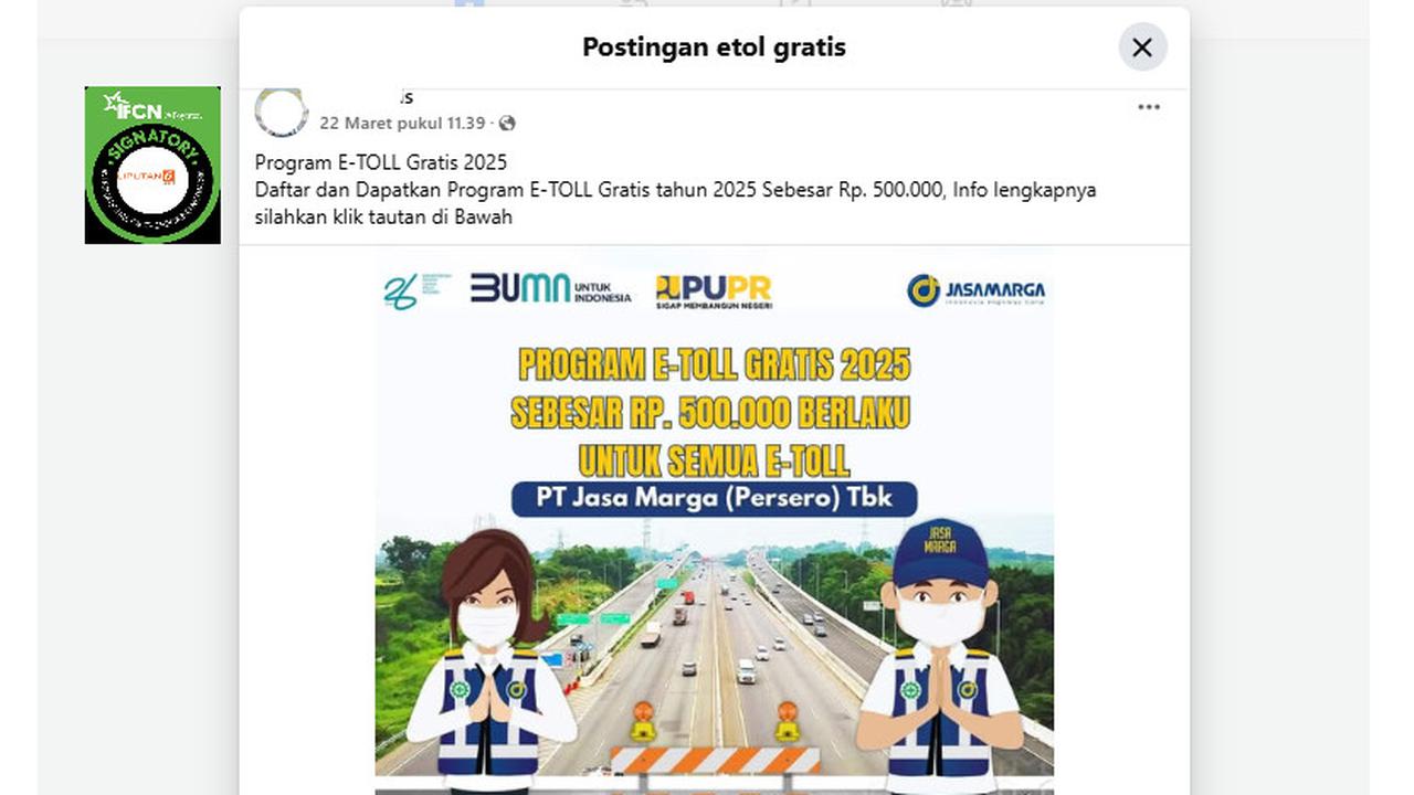 Tangkapan layar  klaim link pendaftaran program E-Toll gratis dari PT Jasa Marga