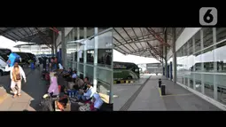 Foto kombo yang menunjukkan aktivitas pemudik pada H-8 Idul Fitri tahun lalu di Terminal Pulo Gebang, Jakarta, Selasa (28/5/2019) dan suasana sepi arus mudik akibat pandemi virus corona COVID-19 di Terminal Pulo Gebang, Minggu (17/5/2020). (merdeka.com/Iqbal S. Nugroho)