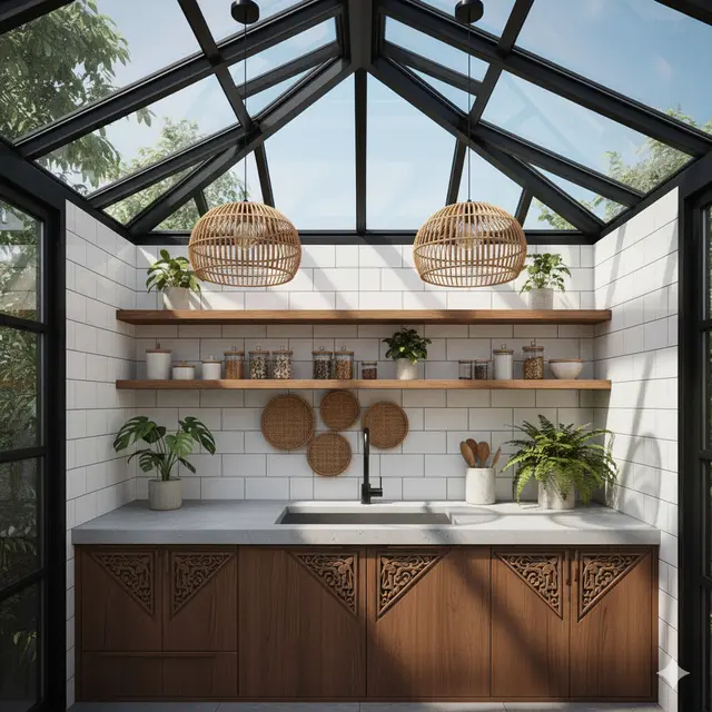 Dapur Tanpa Kabinet Atas dengan Pencahayaan Atap Kaca