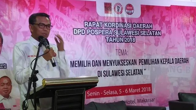 Cagub Sulsel Nurdin Abdullah hadiri rakorda DPD Pospera di Makassar (Liputan6.com/ Eka Hakim)