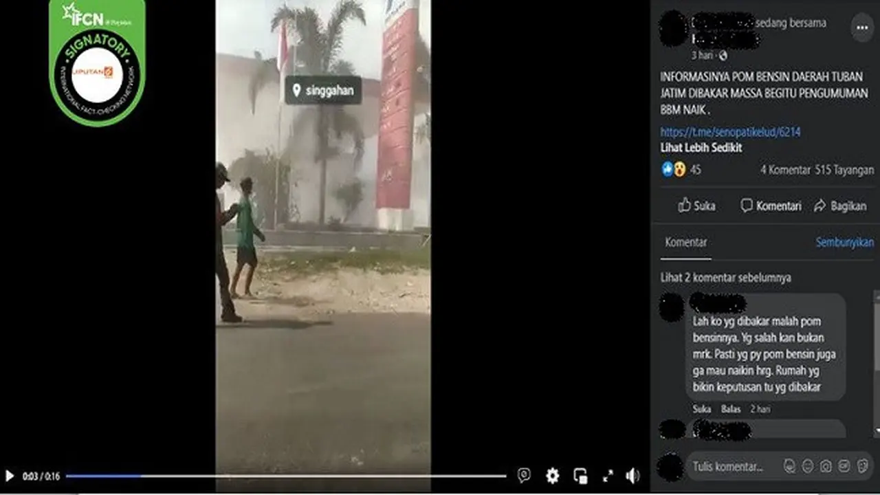 Gambar Tangkapan Layar Video yang Diklaim SPBU di Tuban Dibakar Massa Saat harga BBM Naik (sumber: Facebook).