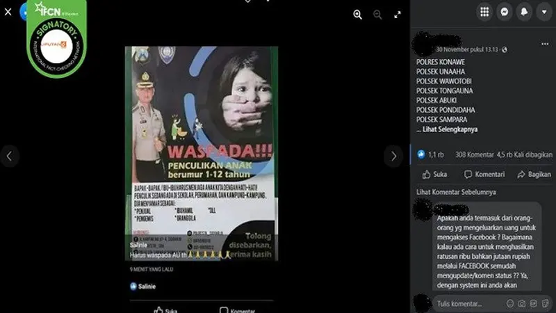 Gambar Tangkapan Layar Kabar Hoaks Marak Penculikan Anak di Konawe. (sumber: Facebook).
