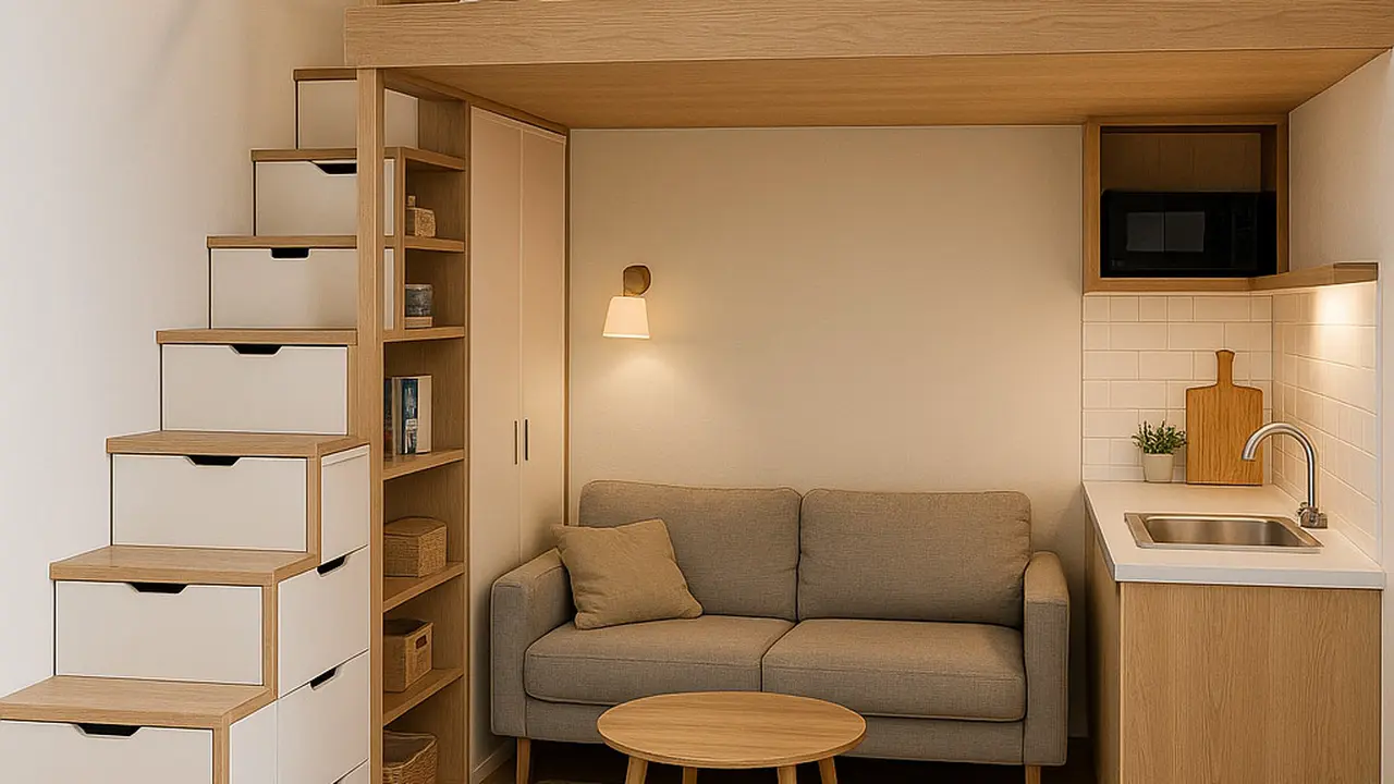 Model Interior Ruang Kecil Apartemen dengan Kamar Mezanine (Image by ChatGPT)