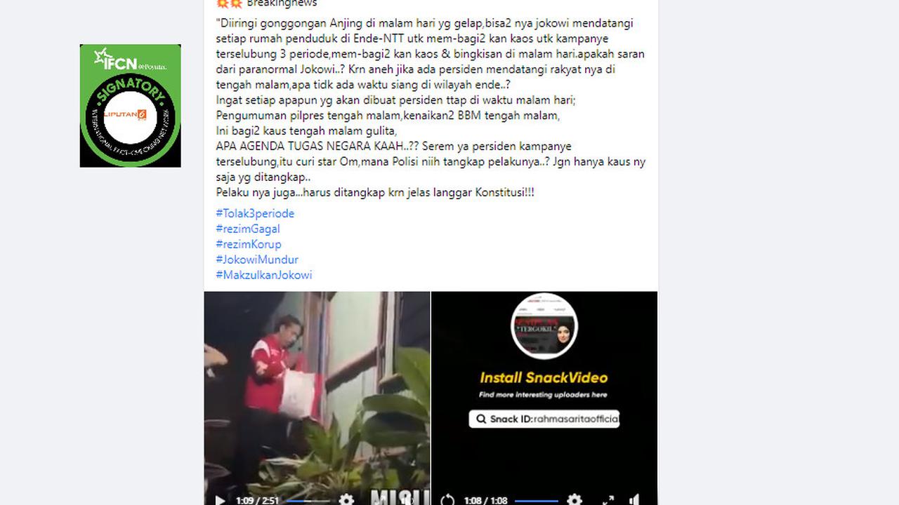 Tangkapan layar klaim video Jokowi datangi rumah penduduk Ende bagikan kaos kampanye terselubung 3 periode