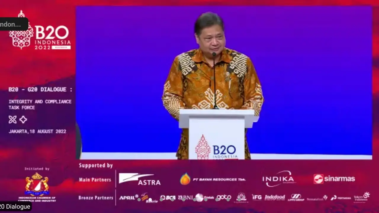 Menteri Koordinator bidang Perekonomian Airlangga Hartarto dalam Dialog B20-G20, Kamis (18/8/2022)