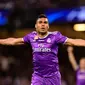 Gelandang Real Madrid Casemiro merayakan gol ke gawang Juventus pada final Liga Champions di Stadion Millenium, Cardiff, Sabtu (3/6/2017). (AFP/Javier Soriano)